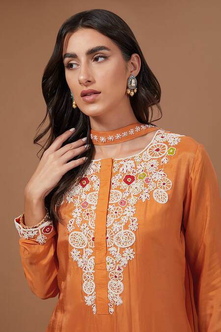Buy BAIDEHI Orange Bamboo, Georgette Sequins, Embroidery Round Floral Kurta Sharara Set Online at Aza Fashions Buy_BAIDEHI_Orange Bamboo, Georgette Sequins, Embroidery Round Floral Kurta Sharara Set _Online_at_Aza_Fashions