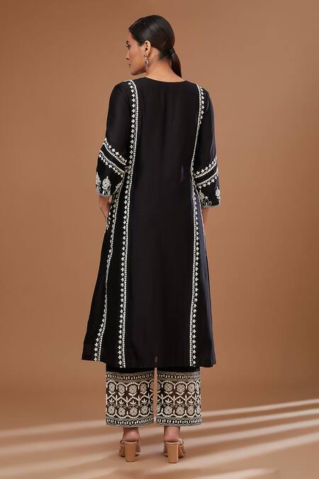 Shop_Baidehi_Black Chanderi Silk, Organza Embroidery Round Neck A Line Kurta Pant Set _at_Aza_Fashions