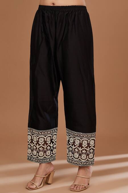 Baidehi_Black Chanderi Silk, Organza Embroidery Round Neck A Line Kurta Pant Set _Online_at_Aza_Fashions
