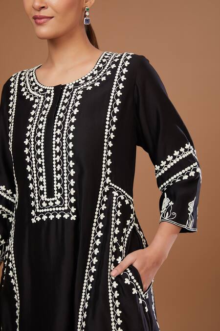 Buy_Baidehi_Black Chanderi Silk, Organza Embroidery Round Neck A Line Kurta Pant Set _Online_at_Aza_Fashions