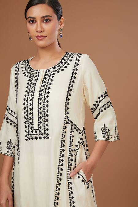 BAIDEHI_White Chanderi Silk, Organza Embroidery Round Neck A Line Thread Kurta Pant Set _Online_at_Aza_Fashions