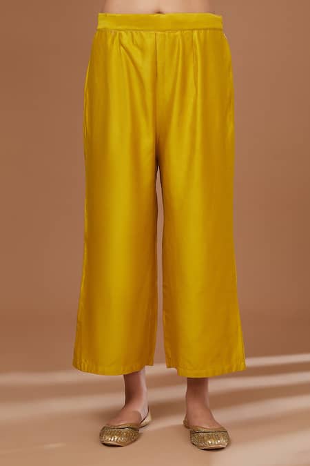 BAIDEHI Yellow Chanderi Silk, Organza Sequins, Gota Patti Embroidered Kurta Pant Set Online at Aza Fashions BAIDEHI_Yellow Chanderi Silk, Organza Sequins, Gota Patti Embroidered Kurta Pant Set _Online_at_Aza_Fashions