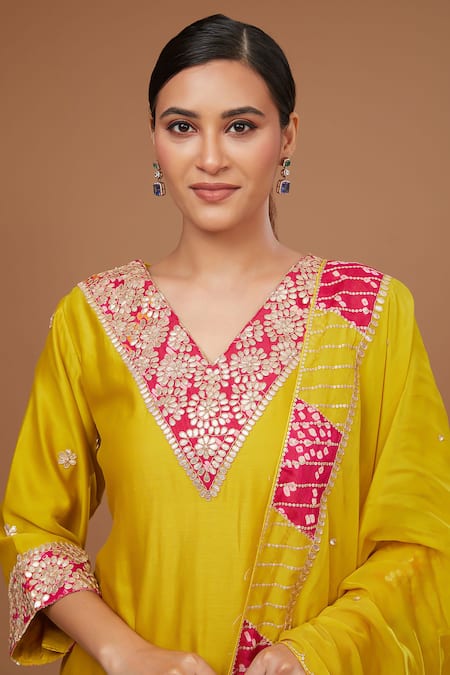 Buy BAIDEHI Yellow Chanderi Silk, Organza Sequins, Gota Patti Embroidered Kurta Pant Set Online at Aza Fashions Buy_BAIDEHI_Yellow Chanderi Silk, Organza Sequins, Gota Patti Embroidered Kurta Pant Set _Online_at_Aza_Fashions