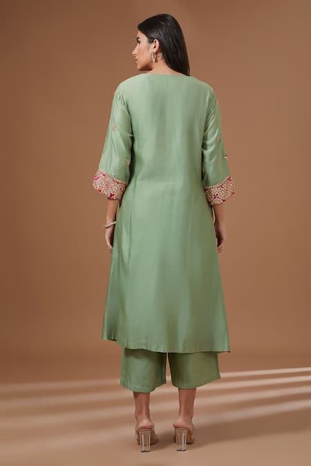 Shop BAIDEHI Green Chanderi Silk, Organza Zari, Sequins Gota Patti Embroidered Kurta Pant Set at Aza Fashions Shop_BAIDEHI_Green Chanderi Silk, Organza Zari, Sequins Gota Patti Embroidered Kurta Pant Set _at_Aza_Fashions