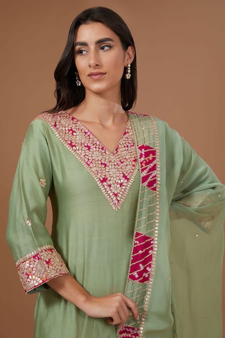 Buy BAIDEHI Green Chanderi Silk, Organza Zari, Sequins Gota Patti Embroidered Kurta Pant Set Online at Aza Fashions Buy_BAIDEHI_Green Chanderi Silk, Organza Zari, Sequins Gota Patti Embroidered Kurta Pant Set _Online_at_Aza_Fashions
