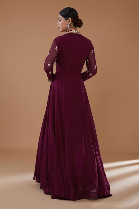 Shop BAIDEHI Wine Georgette Sequins, Zari Collared Floral Bloom Embroidered Gown at Aza Fashions Shop_BAIDEHI_Wine Georgette Sequins, Zari Collared Floral Bloom Embroidered Gown _at_Aza_Fashions