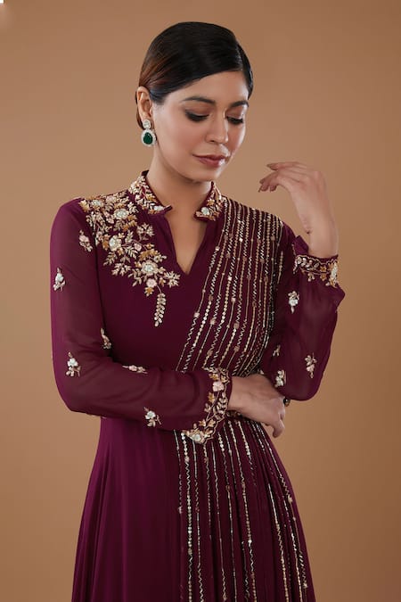 BAIDEHI Wine Georgette Sequins, Zari Collared Floral Bloom Embroidered Gown Online at Aza Fashions BAIDEHI_Wine Georgette Sequins, Zari Collared Floral Bloom Embroidered Gown _Online_at_Aza_Fashions