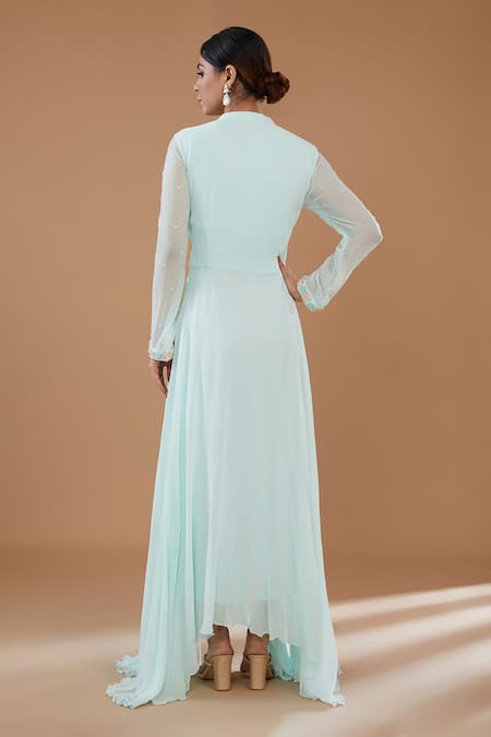 Shop BAIDEHI Blue Chiffon, Georgette Sequins, Zari, Fleur Cut Dana Anarkali With Dupatta at Aza Fashions Shop_BAIDEHI_Blue Chiffon, Georgette Sequins, Zari, Fleur Cut Dana Anarkali With Dupatta _at_Aza_Fashions