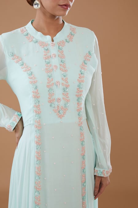 Buy BAIDEHI Blue Chiffon, Georgette Sequins, Zari, Fleur Cut Dana Anarkali With Dupatta Online at Aza Fashions Buy_BAIDEHI_Blue Chiffon, Georgette Sequins, Zari, Fleur Cut Dana Anarkali With Dupatta _Online_at_Aza_Fashions