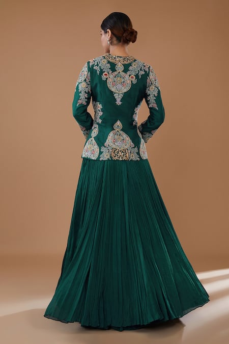 Shop BAIDEHI Blue Silk, Chiffon Sequins, Gardenia Embroidered Jacket With Pleated Lehenga at Aza Fashions Shop_BAIDEHI_Blue Silk, Chiffon Sequins, Gardenia Embroidered Jacket With Pleated Lehenga _at_Aza_Fashions