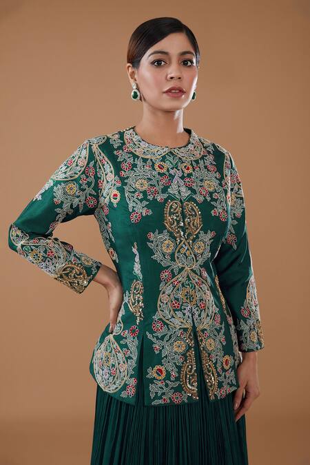 Buy BAIDEHI Blue Silk, Chiffon Sequins, Gardenia Embroidered Jacket With Pleated Lehenga Online at Aza Fashions Buy_BAIDEHI_Blue Silk, Chiffon Sequins, Gardenia Embroidered Jacket With Pleated Lehenga _Online_at_Aza_Fashions