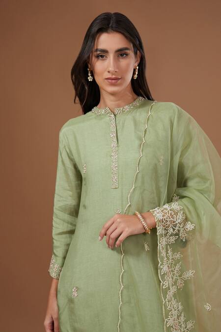 Buy_Baidehi_Green Organza, Cotton, Silk Diamonds, Embroidery, Fleur Dori Kurta Pant Set _Online_at_Aza_Fashions