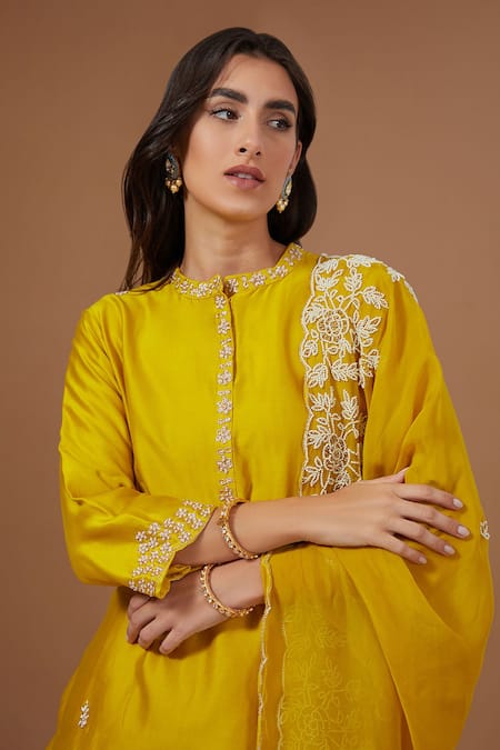 Buy BAIDEHI Yellow Organza, Cotton, Silk, Bamboo Floral Dori Embroidered Kurta Pant Set Online at Aza Fashions Buy_BAIDEHI_Yellow Organza, Cotton, Silk, Bamboo Floral Dori Embroidered Kurta Pant Set _Online_at_Aza_Fashions