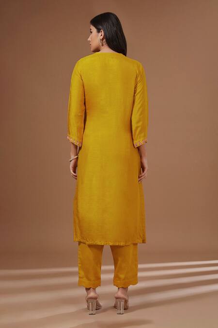 Shop_BAIDEHI_Yellow Organza, Cotton, Silk Sequins, Diamonds, Clover Kurta Pant Set _at_Aza_Fashions