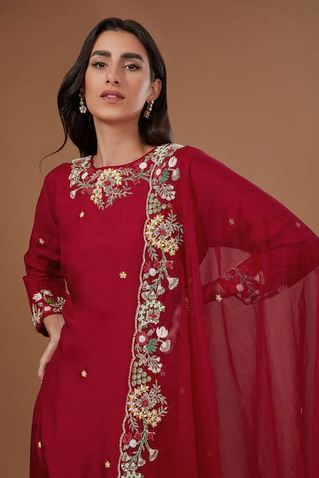 BAIDEHI Red Organza, Cotton Satin Embroidery, Sequins, Pearls Florin Kurta Pant Set Online at Aza Fashions BAIDEHI_Red Organza, Cotton Satin Embroidery, Sequins, Pearls Florin Kurta Pant Set_Online_at_Aza_Fashions