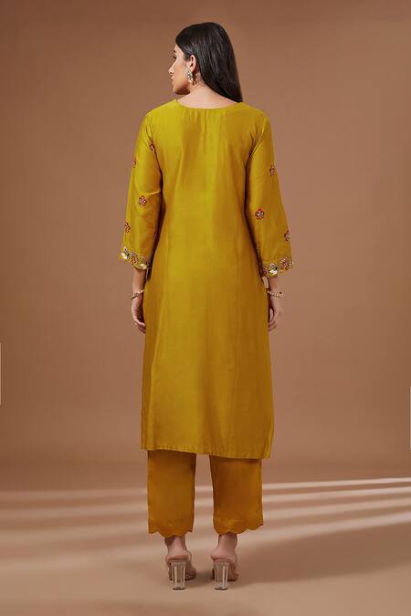 Shop BAIDEHI Yellow Organza, Cotton Satin, Chanderi Silk Embroidery, Blossom Kurta Pant Set at Aza Fashions Shop_BAIDEHI_Yellow Organza, Cotton Satin, Chanderi Silk Embroidery, Blossom Kurta Pant Set_at_Aza_Fashions