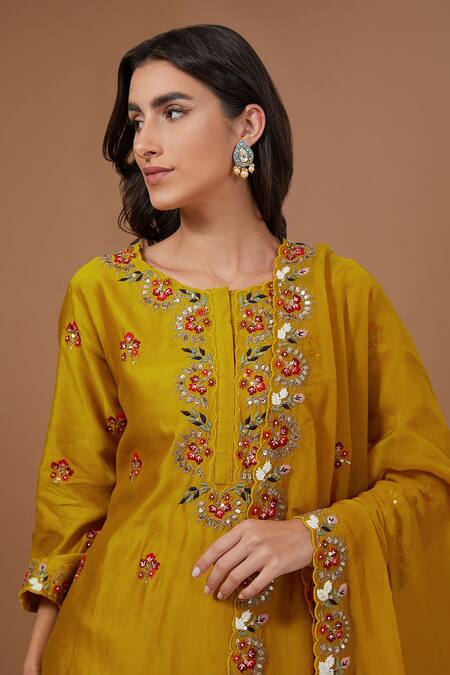 Buy BAIDEHI Yellow Organza, Cotton Satin, Chanderi Silk Embroidery, Blossom Kurta Pant Set Online at Aza Fashions Buy_BAIDEHI_Yellow Organza, Cotton Satin, Chanderi Silk Embroidery, Blossom Kurta Pant Set_Online_at_Aza_Fashions