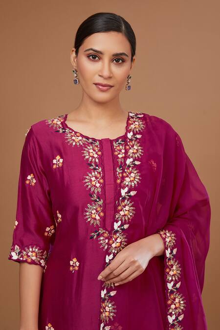 Buy BAIDEHI Pink Organza, Cotton Satin, Chanderi Silk Embroidery Round Gul Kurta Pant Set Online at Aza Fashions Buy_BAIDEHI_Pink Organza, Cotton Satin, Chanderi Silk Embroidery Round Gul Kurta Pant Set_Online_at_Aza_Fashions