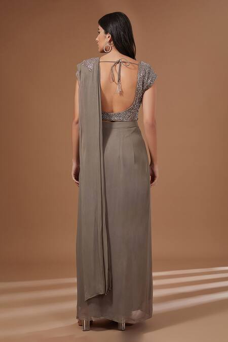 Shop BAIDEHI Grey Georgette Sequins, Beads, Cut Work Round Florid Patch Pre-draped Saree Set at Aza Fashions Shop_BAIDEHI_Grey Georgette Sequins, Beads, Cut Work Round Florid Patch Pre-draped Saree Set_at_Aza_Fashions