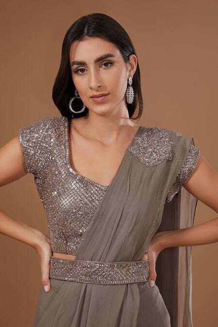 BAIDEHI Grey Georgette Sequins, Beads, Cut Work Round Florid Patch Pre-draped Saree Set Online at Aza Fashions BAIDEHI_Grey Georgette Sequins, Beads, Cut Work Round Florid Patch Pre-draped Saree Set_Online_at_Aza_Fashions