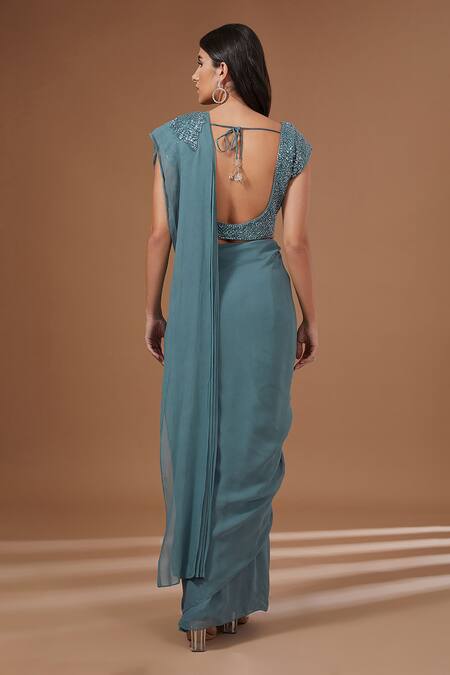 Shop_BAIDEHI_Blue Georgette Sequins, Beads, Cut Work Round Floret Patch Pre-draped Saree Set_at_Aza_Fashions