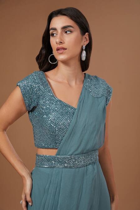 BAIDEHI_Blue Georgette Sequins, Beads, Cut Work Round Floret Patch Pre-draped Saree Set_Online_at_Aza_Fashions