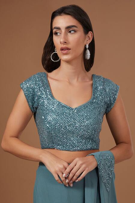 Buy_BAIDEHI_Blue Georgette Sequins, Beads, Cut Work Round Floret Patch Pre-draped Saree Set_Online_at_Aza_Fashions