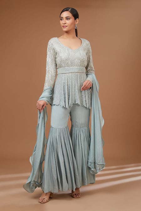 BAIDEHI Blue Chinon Georgette Embroidery Astral Scallop Cut Dana Kurta Sharara Set 