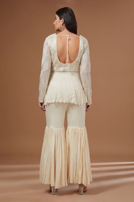 Shop BAIDEHI Ivory Georgette Sequins, Cut Work Scallop Dana Embroidered Kurta Sharara Set at Aza Fashions Shop_BAIDEHI_Ivory Georgette Sequins, Cut Work Scallop Dana Embroidered Kurta Sharara Set _at_Aza_Fashions