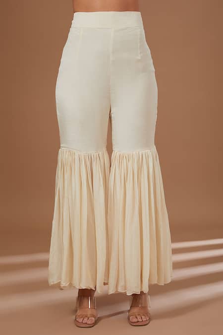 BAIDEHI Ivory Georgette Sequins, Cut Work Scallop Dana Embroidered Kurta Sharara Set Online at Aza Fashions BAIDEHI_Ivory Georgette Sequins, Cut Work Scallop Dana Embroidered Kurta Sharara Set _Online_at_Aza_Fashions