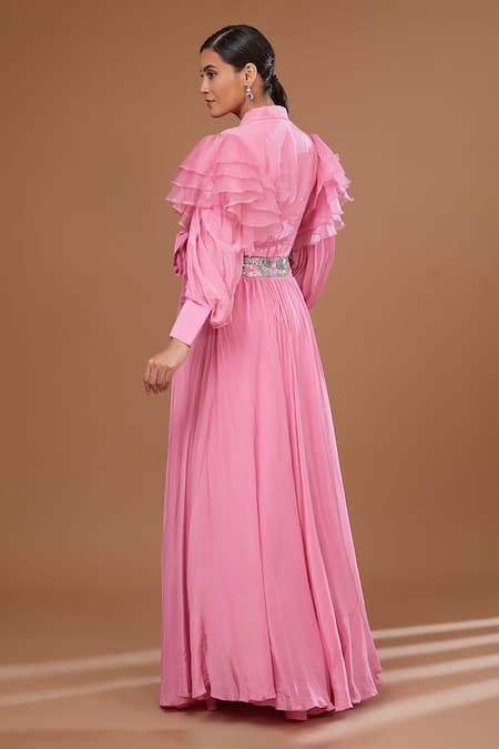 Shop_BAIDEHI_Pink Crepe Sequins Collared Ruffled Balloon Sleeves Crop Top With Skirt _at_Aza_Fashions