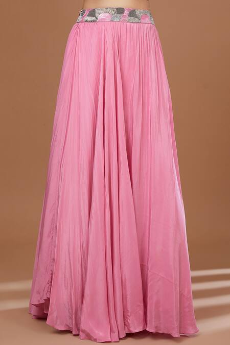 BAIDEHI_Pink Crepe Sequins Collared Ruffled Balloon Sleeves Crop Top With Skirt _Online_at_Aza_Fashions