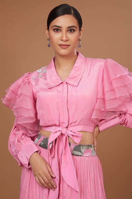 Buy_BAIDEHI_Pink Crepe Sequins Collared Ruffled Balloon Sleeves Crop Top With Skirt _Online_at_Aza_Fashions