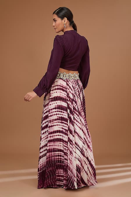 Shop BAIDEHI Wine Crepe Sequins, Beads Ruffled Balloon Sleeves Crop Top With Shibori Skirt at Aza Fashions Shop_BAIDEHI_Wine Crepe Sequins, Beads Ruffled Balloon Sleeves Crop Top With Shibori Skirt _at_Aza_Fashions