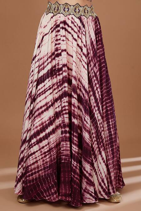 BAIDEHI Wine Crepe Sequins, Beads Ruffled Balloon Sleeves Crop Top With Shibori Skirt Online at Aza Fashions BAIDEHI_Wine Crepe Sequins, Beads Ruffled Balloon Sleeves Crop Top With Shibori Skirt _Online_at_Aza_Fashions