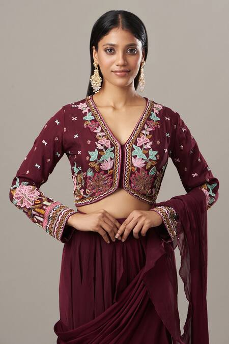BAIDEHI Wine Crepe Sequins, Cut Work V-neck Tikki Ruffled Pre-draped Lehenga Saree Set Online at Aza Fashions BAIDEHI_Wine Crepe Sequins, Cut Work V-neck Tikki Ruffled Pre-draped Lehenga Saree Set _Online_at_Aza_Fashions