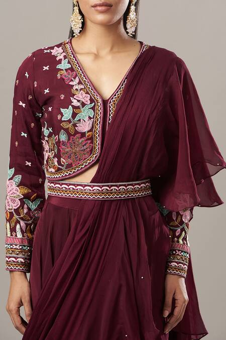 Buy BAIDEHI Wine Crepe Sequins, Cut Work V-neck Tikki Ruffled Pre-draped Lehenga Saree Set Online at Aza Fashions Buy_BAIDEHI_Wine Crepe Sequins, Cut Work V-neck Tikki Ruffled Pre-draped Lehenga Saree Set _Online_at_Aza_Fashions