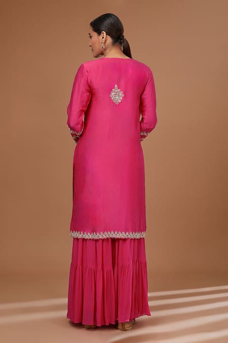 Shop BAIDEHI Pink Chiffon, Georgette, Bamboo Pearls, Petunia Embroidered Kurta Sharara Set at Aza Fashions Shop_BAIDEHI_Pink Chiffon, Georgette, Bamboo Pearls, Petunia Embroidered Kurta Sharara Set _at_Aza_Fashions