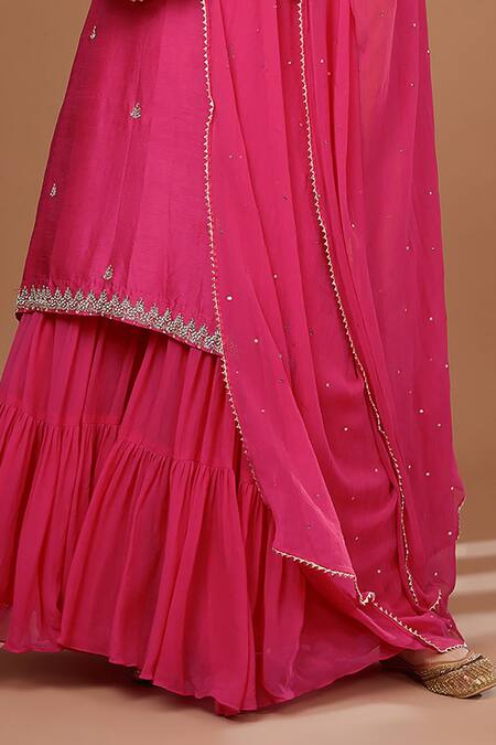 BAIDEHI Pink Chiffon, Georgette, Bamboo Pearls, Petunia Embroidered Kurta Sharara Set Online at Aza Fashions BAIDEHI_Pink Chiffon, Georgette, Bamboo Pearls, Petunia Embroidered Kurta Sharara Set _Online_at_Aza_Fashions