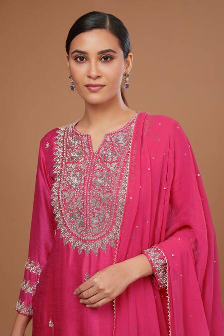 Buy BAIDEHI Pink Chiffon, Georgette, Bamboo Pearls, Petunia Embroidered Kurta Sharara Set Online at Aza Fashions Buy_BAIDEHI_Pink Chiffon, Georgette, Bamboo Pearls, Petunia Embroidered Kurta Sharara Set _Online_at_Aza_Fashions