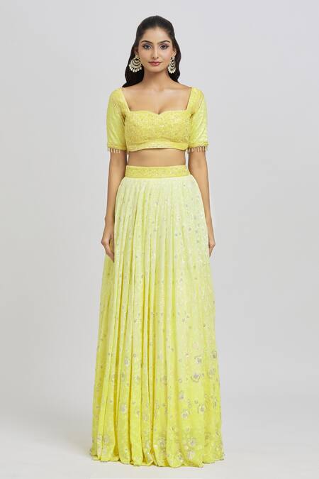 Buy Label Priyanka Kar Yellow Georgette Sequins, Cut Work, Embroidery Sweetheart Floral Lehenga Set Online at Aza Fashions Buy_Label Priyanka Kar_Yellow Georgette Sequins, Cut Work, Embroidery Sweetheart Floral Lehenga Set _Online_at_Aza_Fashions