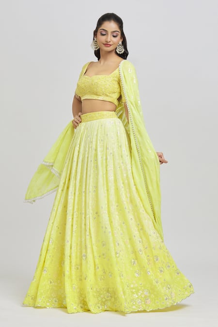 Shop Label Priyanka Kar Yellow Georgette Sequins, Cut Work, Embroidery Sweetheart Floral Lehenga Set Online at Aza Fashions Shop_Label Priyanka Kar_Yellow Georgette Sequins, Cut Work, Embroidery Sweetheart Floral Lehenga Set _Online_at_Aza_Fashions
