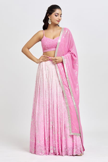Label Priyanka Kar Pink Georgette Embroidered Floral Lehenga Set 