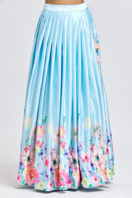 Label Priyanka Kar_Blue Polyester, Chiffon Embroidery, Beads, Sequins Floral Print Lehenga Set _at_Aza_Fashions