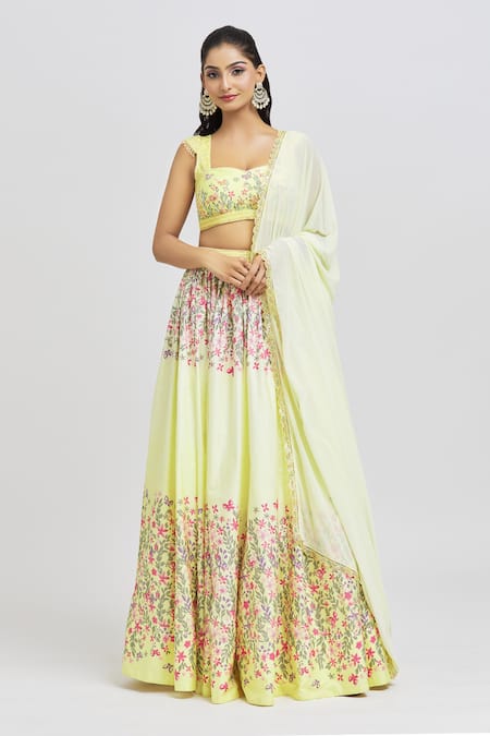 Label Priyanka Kar Floret Print Flared Lehenga Set | Blue, Floral Patterns,  Cotton Satin, Round, Short | Cutout blouse, Aza fashion, Lehenga