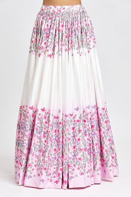 Label Priyanka Kar_White Cotton Embroidery Sweetheart Neck Floral Print Hand Lehenga Set_Online_at_Aza_Fashions