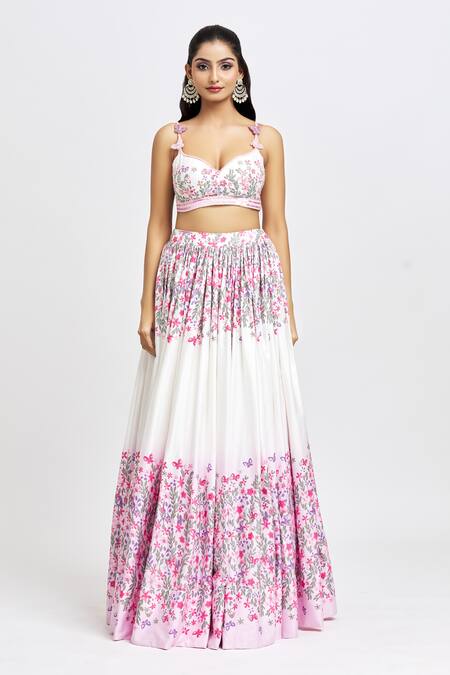 Buy_Label Priyanka Kar_White Cotton Embroidery Sweetheart Neck Floral Print Hand Lehenga Set_Online_at_Aza_Fashions