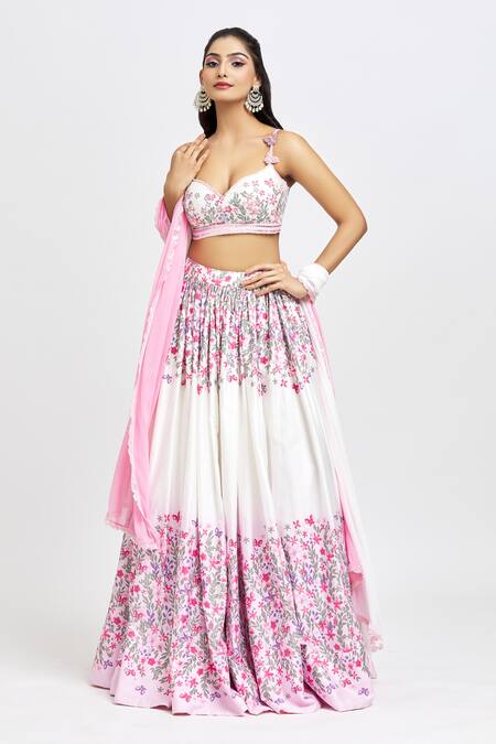 Shop_Label Priyanka Kar_White Cotton Embroidery Sweetheart Neck Floral Print Hand Lehenga Set_Online_at_Aza_Fashions