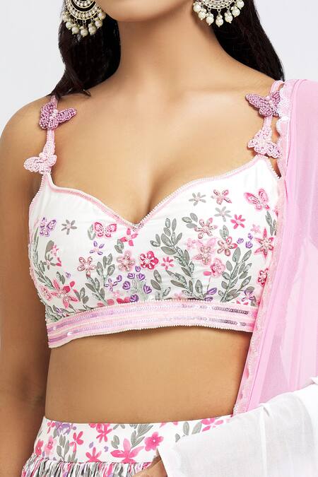 Label Priyanka Kar_White Cotton Embroidery Sweetheart Neck Floral Print Hand Lehenga Set_at_Aza_Fashions