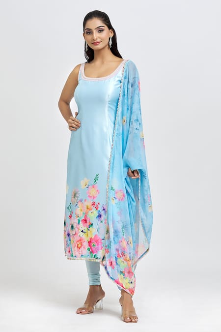 Label Priyanka Kar Blue Viscose Embroidery Scoop Neck Floral Print Kurta Legging Set at Aza Fashions Label Priyanka Kar_Blue Viscose Embroidery Scoop Neck Floral Print Kurta Legging Set _at_Aza_Fashions